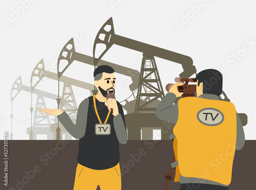 Reporter with a cameraman is reporting on the background of oil rigs and production. World Journalist Day. Correspondent Prohibition refusal to purchase petroleum. Pumps petroleum derrick, petrol