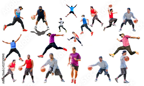 Collection of Asian athletes in various poses. Athletes, basketball, running, jumping on a white background.
