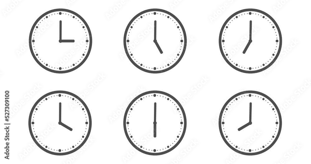 Clock with different time zones. Wall Clock animation. Seamless motion