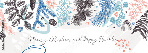 Merry Christmas background. Collage style banner with winter trees, evergreen plants, conifers and nuts drawing. Vector design with hand drawn botanical illustrations. Trendy New Year card template