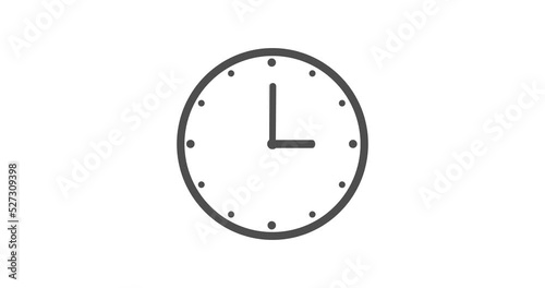 Clock with grey frame in a 12 hours loop. Round pointers with copy space. Animation wall clock on white background. Endless infinity counter. 4K UHD Clock Counting Down 12 Hour Day Fast Speed. 