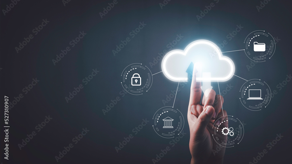 Hand touching virtual cloud computing technology. Data storage security access server online in Networking and internet service concept. Hand touching virtual cloud computing technology. Data storage security access server online in Networking and internet service concept.