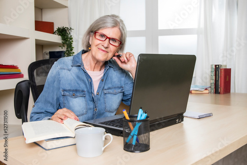 Elderly woman looks at smiling face sitting at a desk in front of a laptop