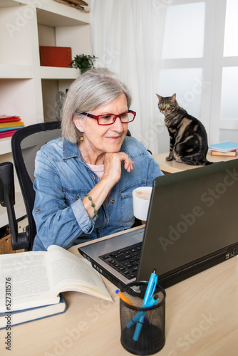 elderly woman studying in front of a computer with her cat
