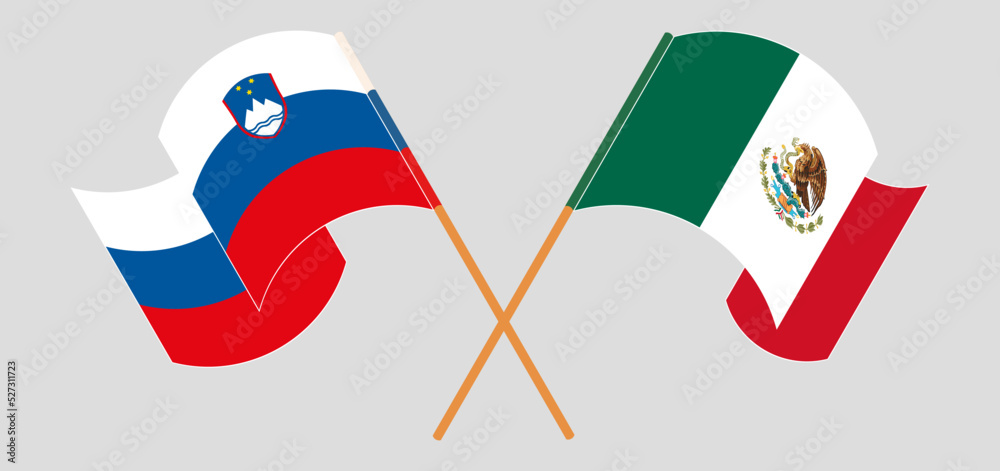 Crossed and waving flags of Slovenia and Mexico Crossed and waving flags of Slovenia and Mexico