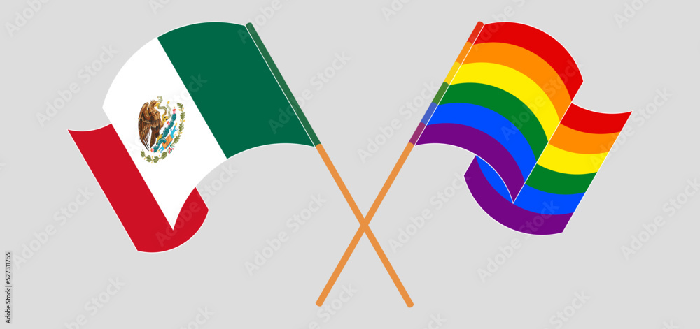 Crossed and waving flags of Mexico and LGBTQ