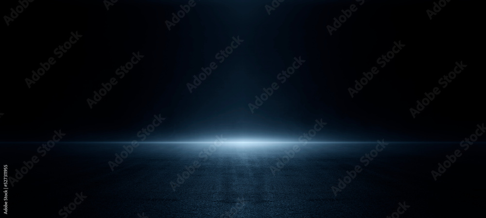 Dark street asphalt abstract dark blue background, empty dark scene, neon light, and spotlights  with smoke float up the interior texture for display products. illustration - obrazy, fototapety, plakaty 
