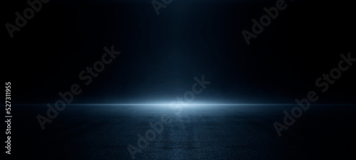Dark street asphalt abstract dark blue background, empty dark scene, neon light, and spotlights with smoke float up the interior texture for display products. illustration © chiew