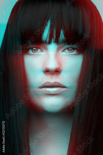 Print op canvas Woman with bob haircut long dark hair close-up fashion portrait in RGB color split