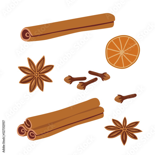 Set with cinnamon, clove, dried orange and anise isolated on white background. Cartoon spice vector illustration for Christmas holiday decoration, menu.