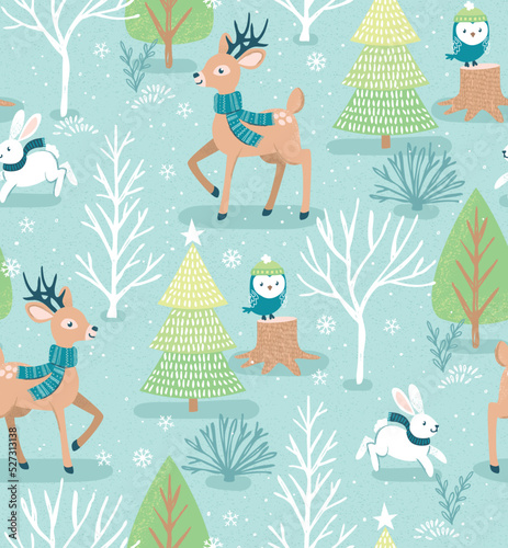 Whimsical woodland friends celebrating the Holidays together in the forest. This Christmas vector pattern repeats seamlessly.