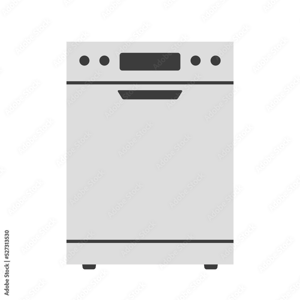 Close dishwasher with dishes clipart vector illustration. Simple modern stainless steel fully integrated built-in dishwasher range machine flat vector design. Domestic and kitchen appliances concept Close dishwasher with dishes clipart vector illustration. Simple modern stainless steel fully integrated built-in dishwasher range machine flat vector design. Domestic and kitchen appliances concept