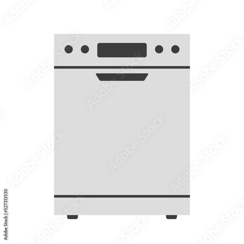 Close dishwasher with dishes clipart vector illustration. Simple modern stainless steel fully integrated built-in dishwasher range machine flat vector design. Domestic and kitchen appliances concept
