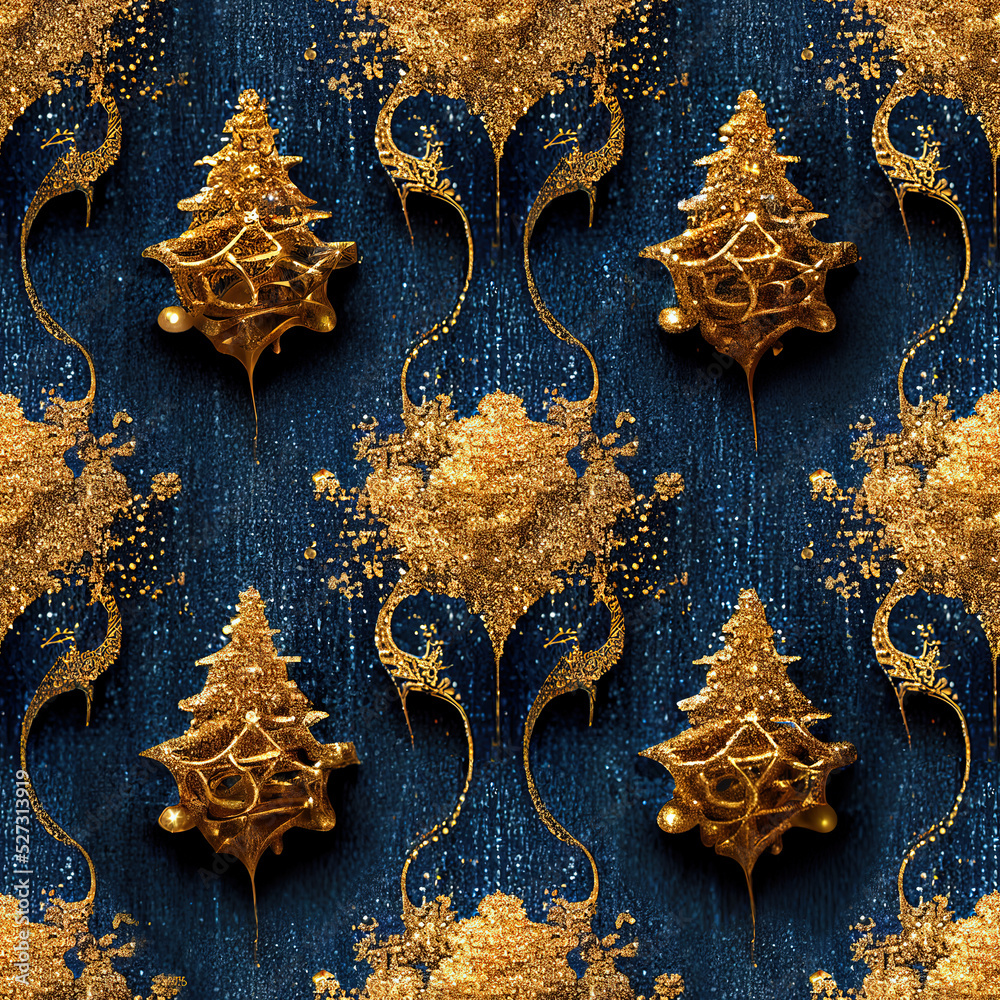 Voluminous golden Christmas patterns on a blue fabric background. Seamless background pattern. For wallpaper, fabric and paper packaging, curtains, duvet covers, pillows, digital print design Voluminous golden Christmas patterns on a blue fabric background. Seamless background pattern. For wallpaper, fabric and paper packaging, curtains, duvet covers, pillows, digital print design