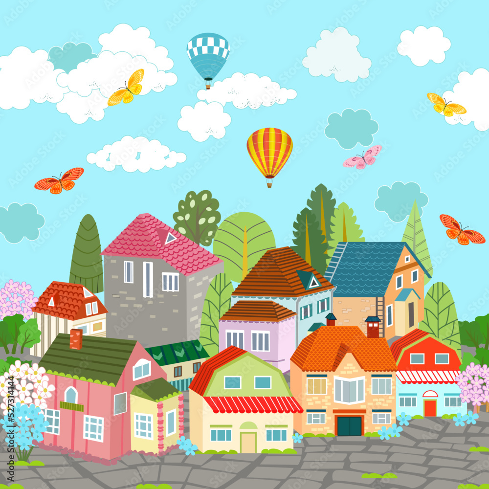 cityscape with pebble pavement. hot air balloons over town. summ