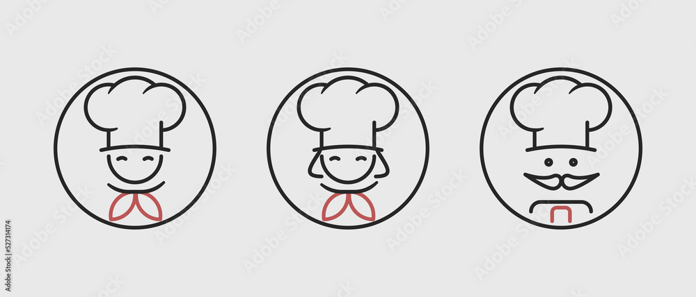 Chef icon set. Male chef, female chef and a male chef with a mustache. Outline thin line flat style icons. Isolated on white background. 