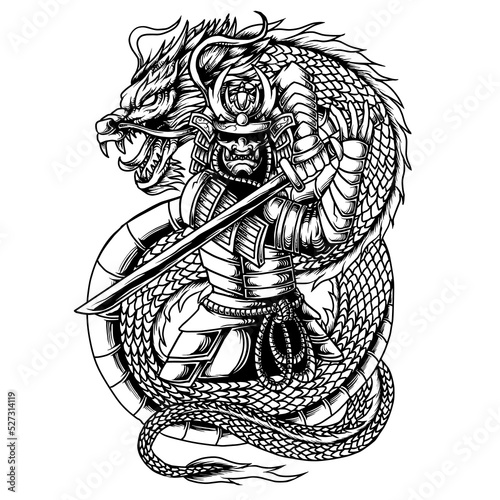 Japanese samurai holding katana with dragon black and white artwork vector illustration