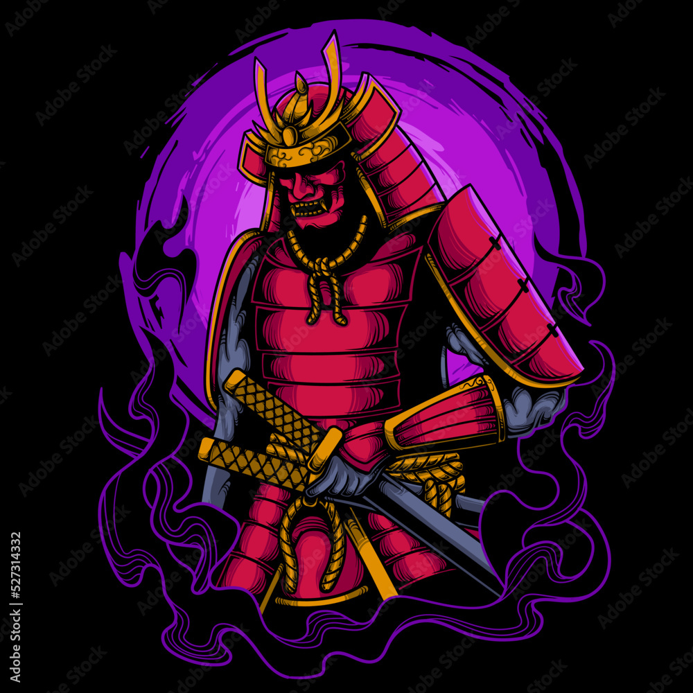 Japanese samurai holding katana artwork vector illustration