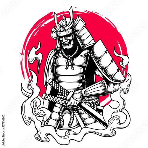 Japanese samurai holding katana black and white artwork vector illustration