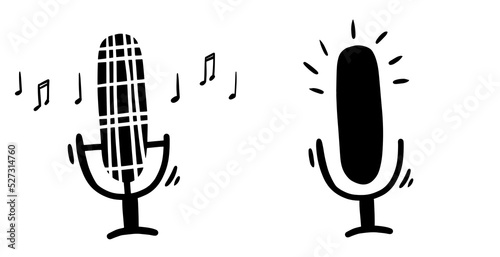 Podcast microphone on time icon doodle sketch black and white bullet journal hand drawn in vector. Scribble sketch monochrome drawing. Comment radio speaker loud volume sound set.