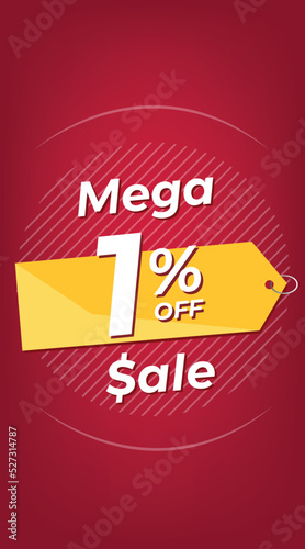 1% off. Red discount banner with one percent. Advertising for Mega Sale promotion. Stories format