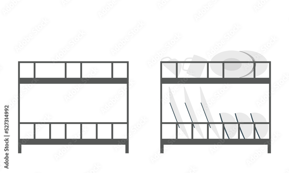 Clean plates in dish drying rack clipart vector illustration. Simple dish rack for draining flat
