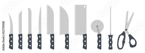Set of kitchen knives clipart vector illustration. Knife with plastic handle flat design. Peel, vegetable, fillet, santoku, cleaver, pizza cutter, knife sharpener, scissors. Kitchen concept icon logo