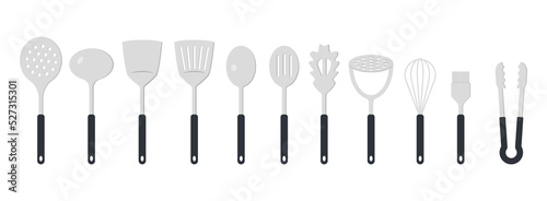 Full set of kitchen utensils flat icon for web. Simple kitchenware sign flat vector design. Spatula, ladle, spoon, pasta server, potato masher, whisk, basting brush and tongs web icon clipart logo