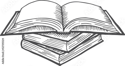 Stack with open book on top. Research icon sketch