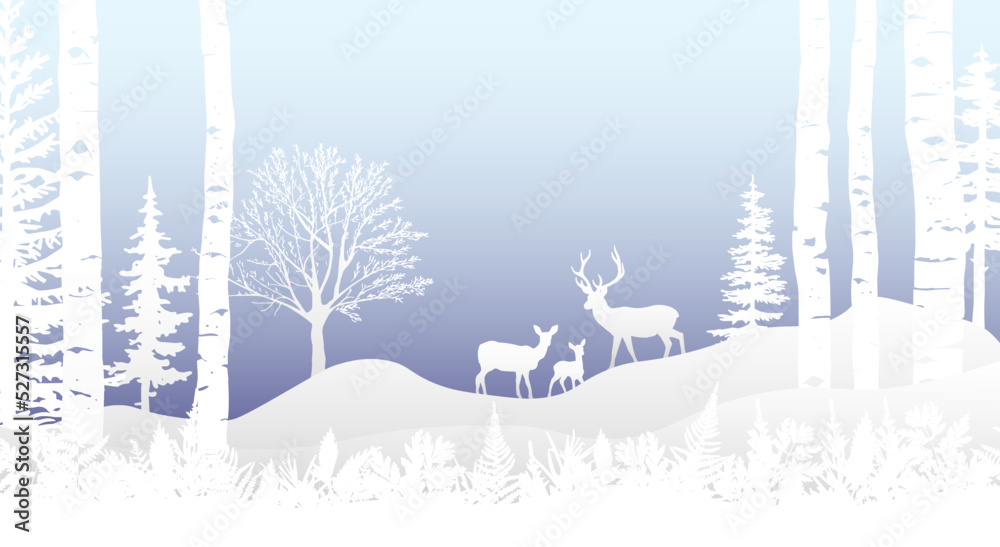 Winter landscape Christmas card. Deer, fawn, doe in snow, forest and hills, birch, bracken . Magical misty nature, wildlife. Merry Christmas and Happy New Year. 