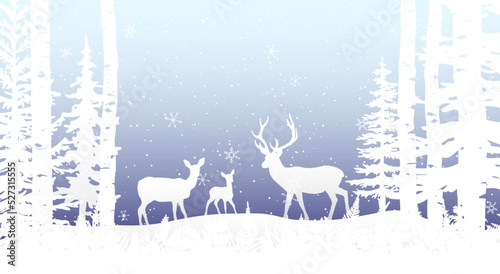 Winter landscape Christmas card. Deer, fawn, doe in snow, forest and hills, birch, bracken . Magical misty nature, wildlife. Merry Christmas and Happy New Year.