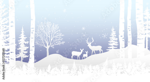 Winter landscape Christmas card. Deer, fawn, doe in snow, forest and hills, birch, bracken . Magical misty nature, wildlife. Merry Christmas and Happy New Year. 