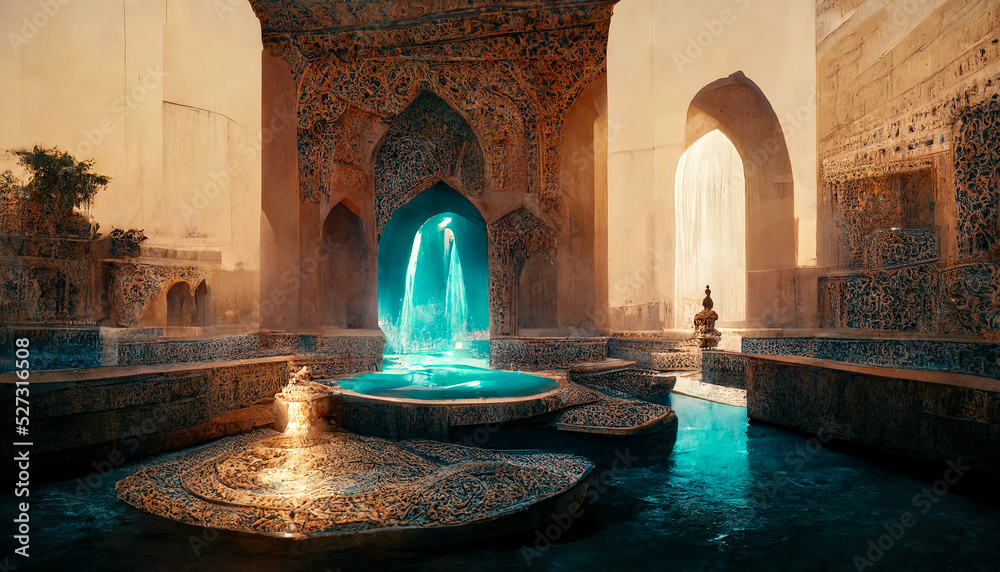 Eastern landscape of the palace complex with a fountain at sunset. Oriental, Arabic arches and architecture, Arabic patio. 3D illustration. - obrazy, fototapety, plakaty 