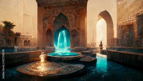 Eastern landscape of the palace complex with a fountain at sunset. Oriental, Arabic arches and architecture, Arabic patio. 3D illustration. photo