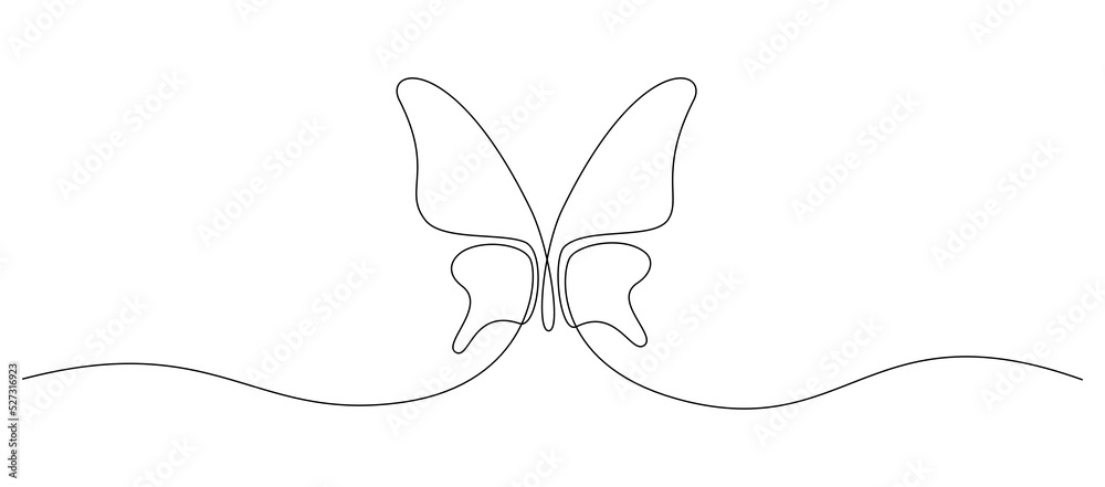 One continuous line drawing of flying Butterfly. Beautiful moth for wellbeing beauty or spa salon logo and divider concept in simple linear style. Editable stroke. Doodle vector illustration.