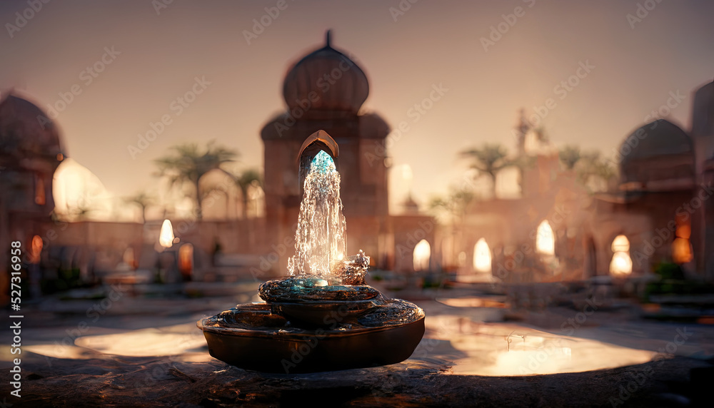 Eastern landscape of the palace complex with a fountain at sunset. Oriental, Arabic arches and architecture, Arabic patio. 3D illustration. Eastern landscape of the palace complex with a fountain at sunset. Oriental, Arabic arches and architecture, Arabic patio. 3D illustration.