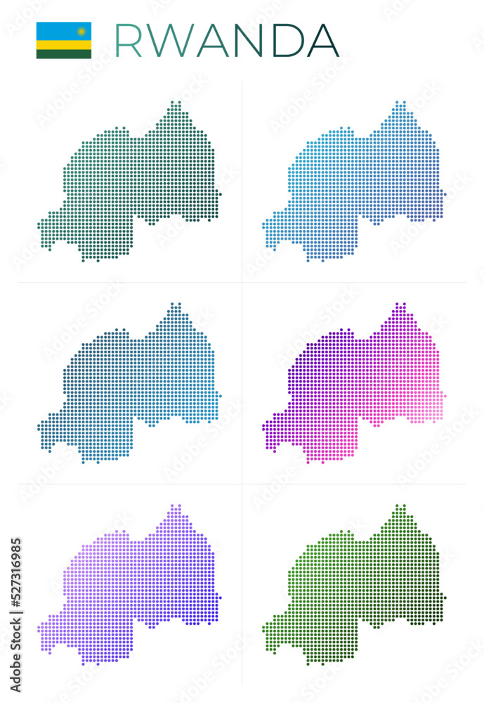 Rwanda dotted map set. Map of Rwanda in dotted style. Borders of the country filled with beautiful smooth gradient circles. Amazing vector illustration.