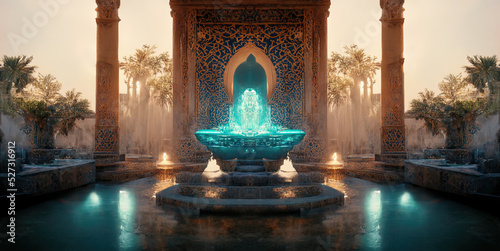 Eastern landscape of the palace complex with a fountain at sunset. Oriental, Arabic arches and architecture, Arabic patio. 3D illustration.