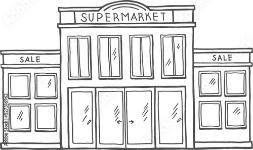 Supermarket facade. Urban architectural sketch. Store exterior