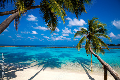 Landscape on Maldives island. Beautiful sky and clouds and beach with palms background for summer vacation holiday and travel concept.