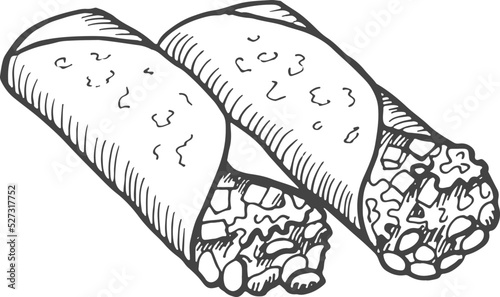 Burrito sketch. Traditional mexican food roll engraving