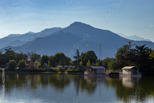 mountainous landscape at the lake shore