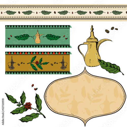 Illustrated etching style pattern decoration with Coffee leaves, and beans