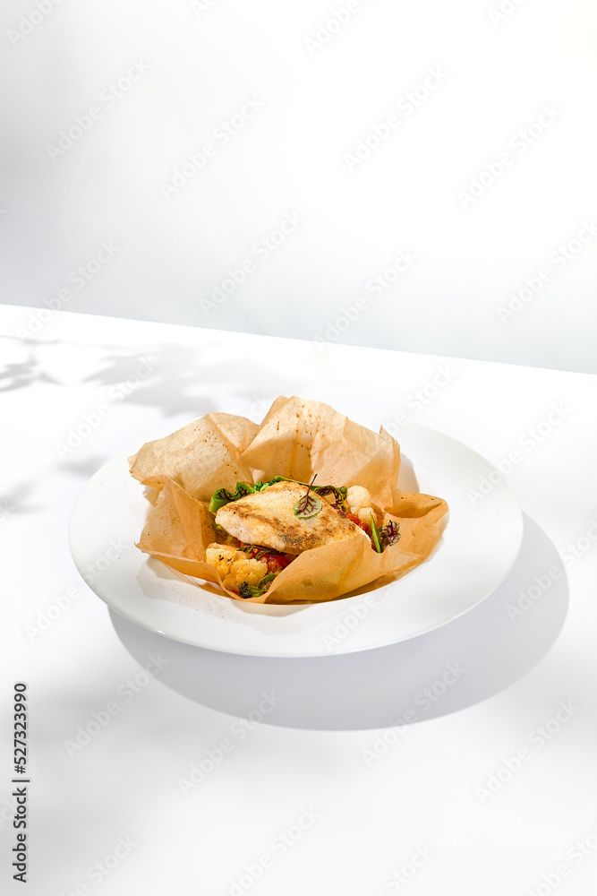 Baked cod fillet with vegetables in parchment. Roasted cod steak with cauliflower. Healthy food in summer menu. White fish roasted in parchment. Fish dish in white background with shadows. Baked cod fillet with vegetables in parchment. Roasted cod steak with cauliflower. Healthy food in summer menu. White fish roasted in parchment. Fish dish in white background with shadows.
