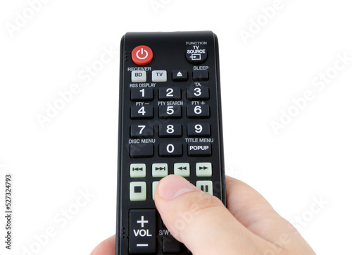 Hand holding remote control, isolated