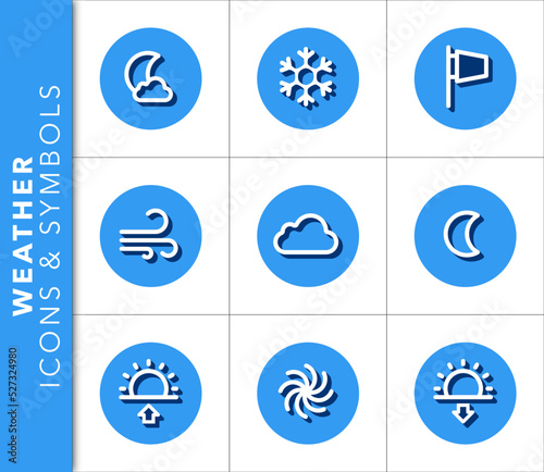 Icons and symbols set related to weather with shadow on blue background. Vector isolated graphic.