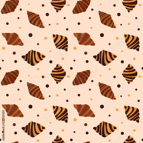 seamless pattern of croissants in a flat style on a beige background. For wrapping paper, wallpaper, screensavers, menus, packaging