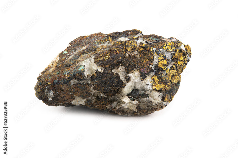 A piece of the mineral chalcopyrite with a rough surface and white and yellow inclusions A piece of the mineral chalcopyrite with a rough surface and white and yellow inclusions
