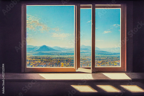 3D Render digital art painting of mountain view outside the window with selective focused and blur.