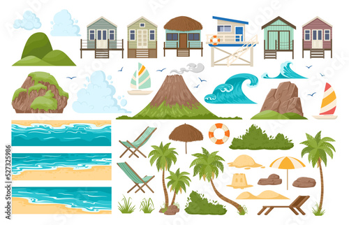 Cartoon tropical sandy beach and sea landscape constructor. Summer beach, palm trees, ocean waves, beach cabin and boats flat vector illustrations set. Nature paradise view elements